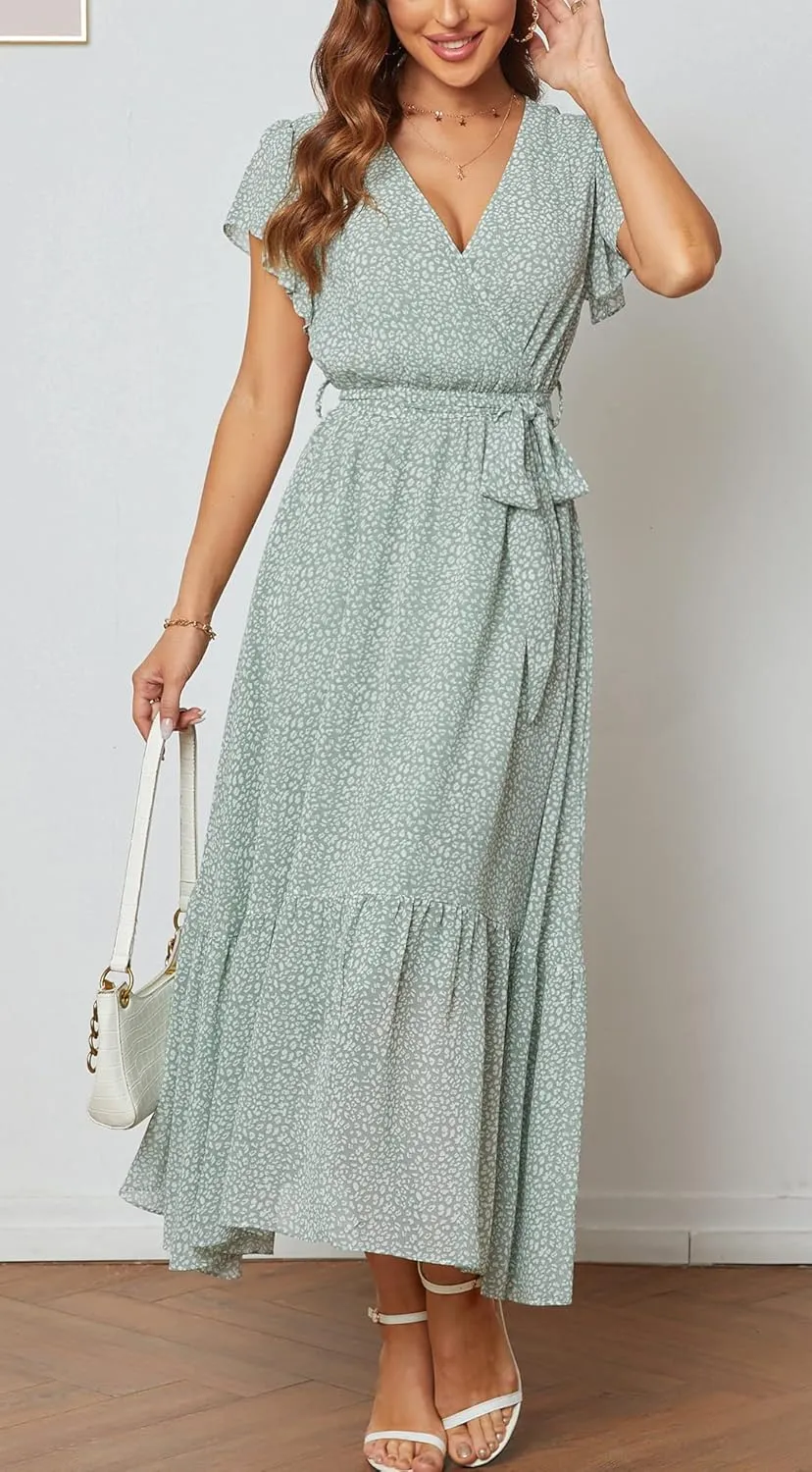 Women Short Sleeve V Neck Floral High Low Flowy Midi Summer Party Long Maxi Dress