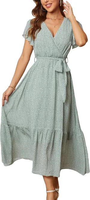 Women Short Sleeve V Neck Floral High Low Flowy Midi Summer Party Long Maxi Dress