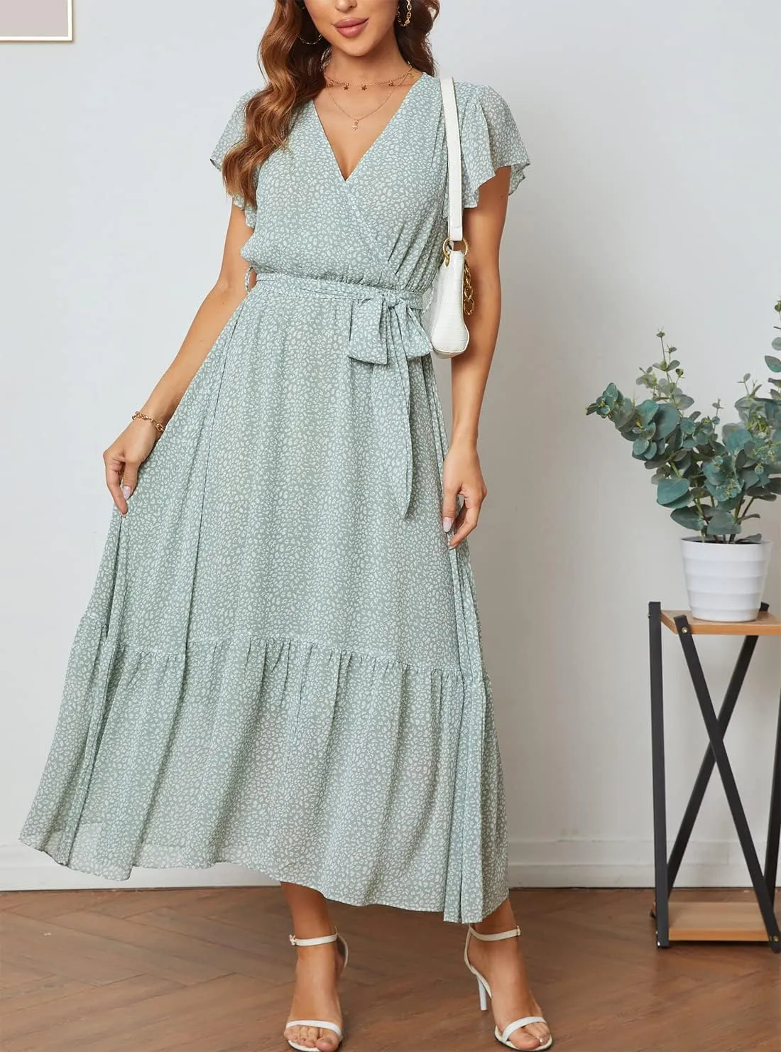 Women Short Sleeve V Neck Floral High Low Flowy Midi Summer Party Long Maxi Dress