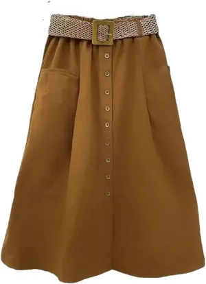 Women Spring Summer Washed Cotton Elastic High-Waist Skirt Pocket Belt Solid Long A-Line Split Hem Skirts