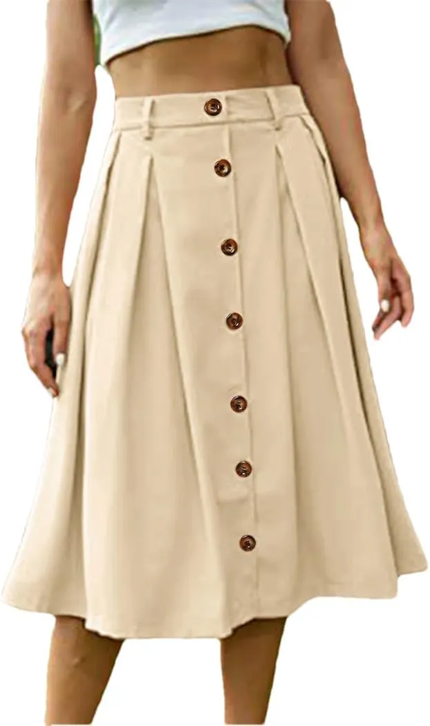 Women Summer Cotton Holiday Solid Color Beach Skirt Fashion Elastic Waist Mid Length Skirts