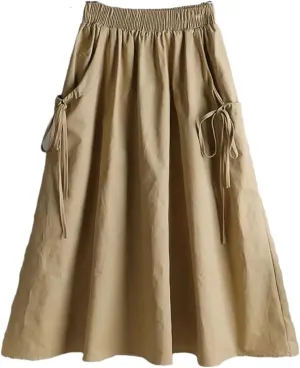 Women Summer Korean Fashion Solid Color Lace Up Spliced Loose Skirt Female Elastic High Waist Midi Skirts