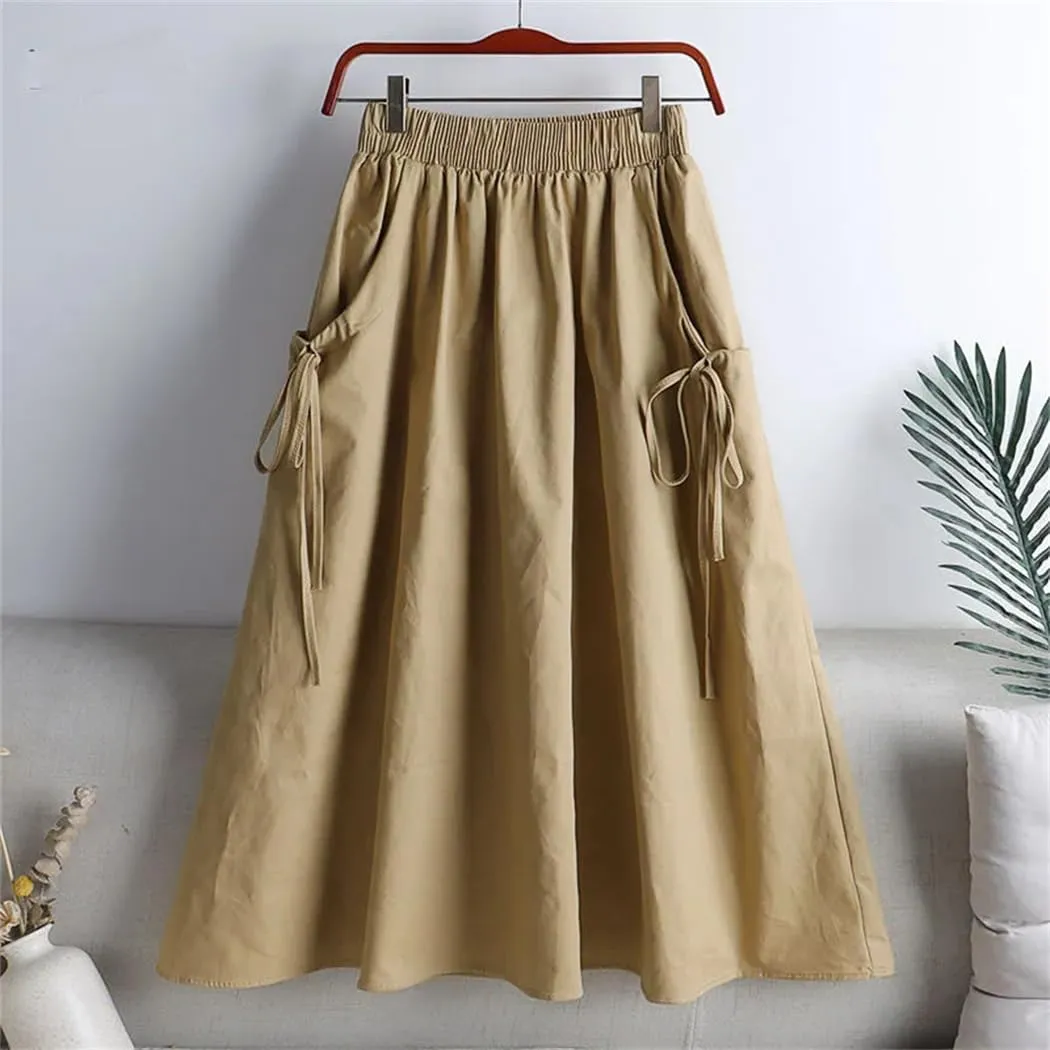 Women Summer Korean Fashion Solid Color Lace Up Spliced Loose Skirt Female Elastic High Waist Midi Skirts