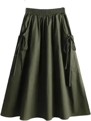 Women Summer Korean Fashion Solid Color Lace Up Spliced Loose Skirt Female Elastic High Waist Midi Skirts