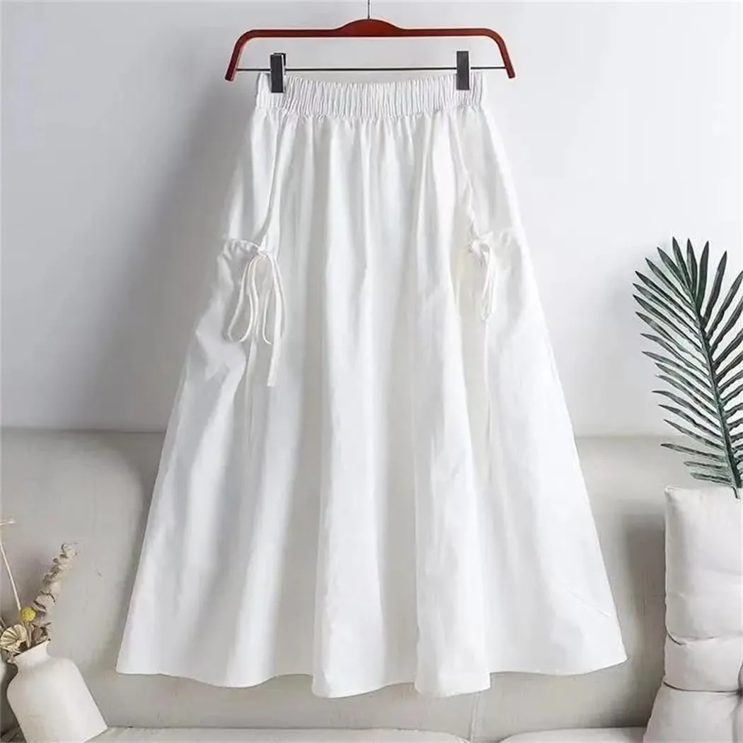Women Summer Korean Fashion Solid Color Lace Up Spliced Loose Skirt Female Elastic High Waist Midi Skirts