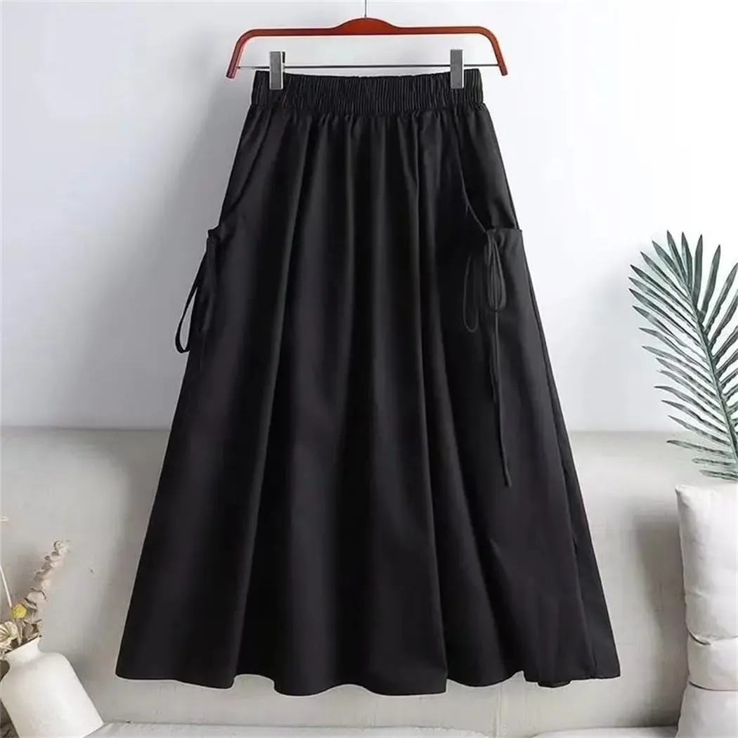 Women Summer Korean Fashion Solid Color Lace Up Spliced Loose Skirt Female Elastic High Waist Midi Skirts