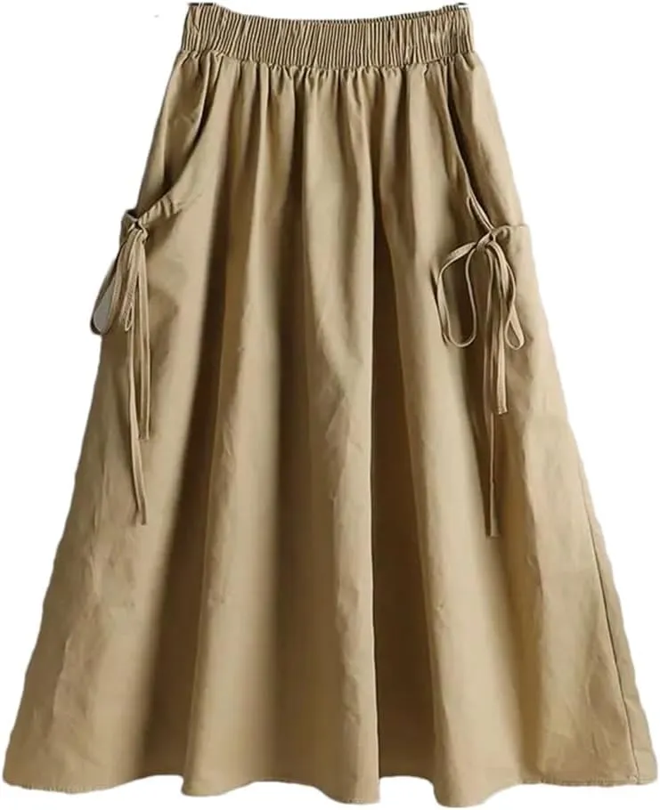 Women Summer Korean Fashion Solid Color Lace Up Spliced Loose Skirt Female Elastic High Waist Midi Skirts