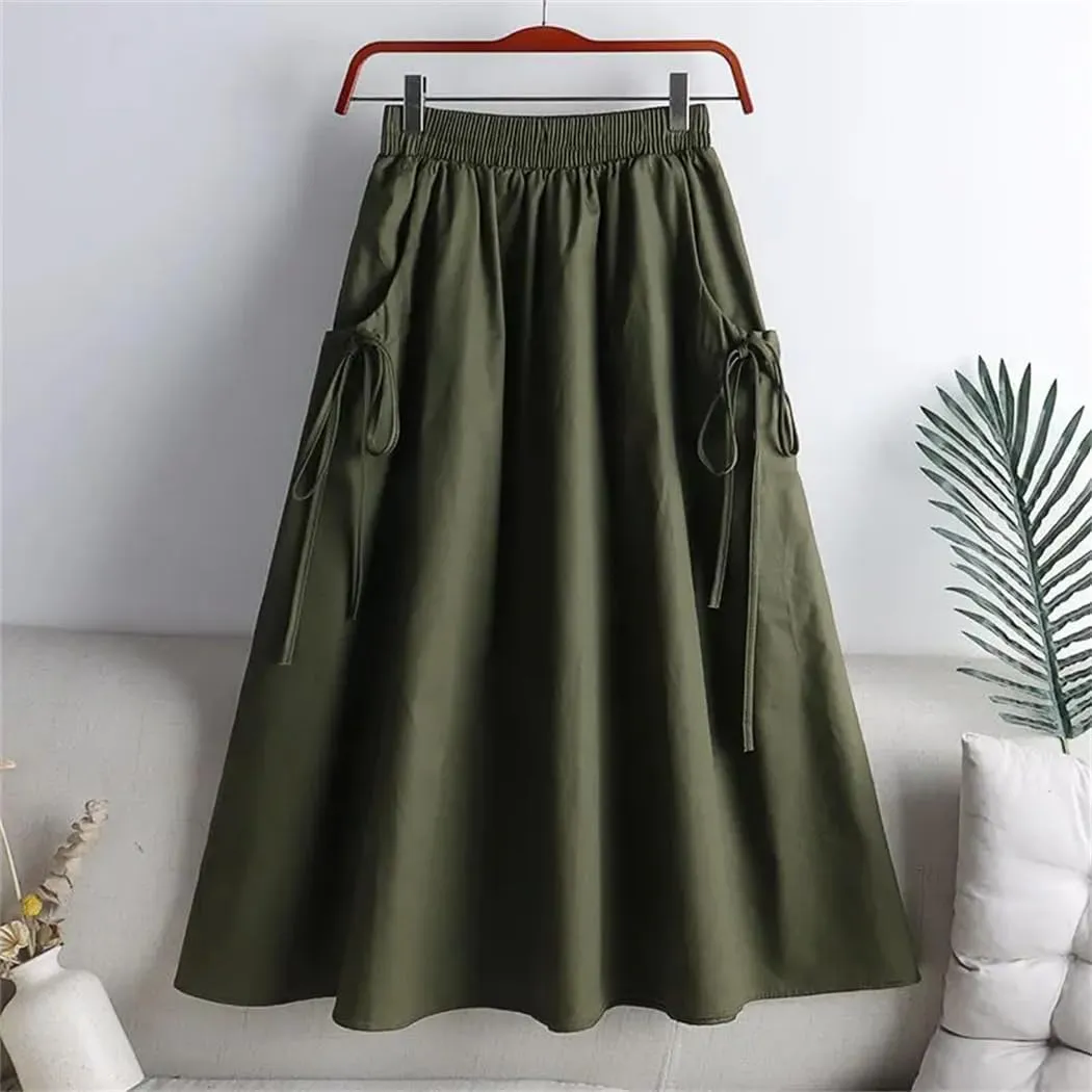 Women Summer Korean Fashion Solid Color Lace Up Spliced Loose Skirt Female Elastic High Waist Midi Skirts