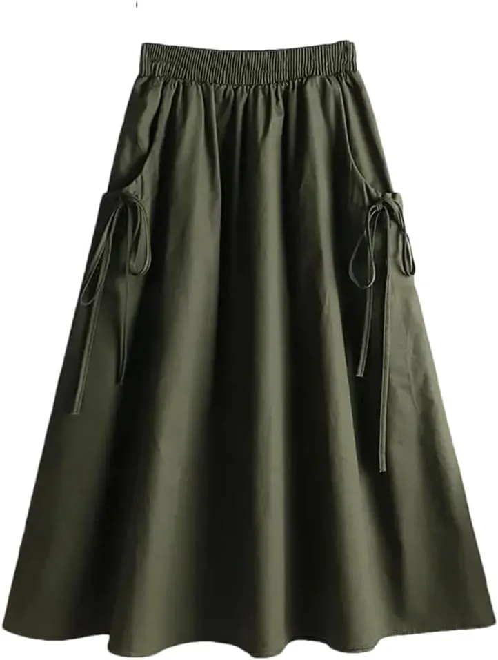 Women Summer Korean Fashion Solid Color Lace Up Spliced Loose Skirt Female Elastic High Waist Midi Skirts