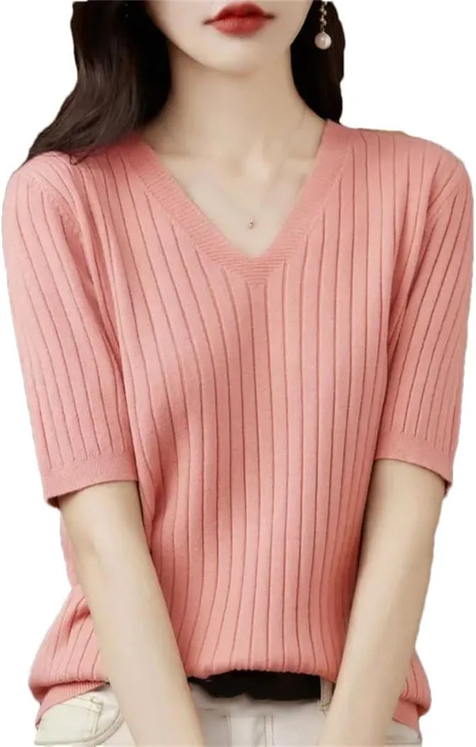 Women Sweater Short Sleeve V-Neck Stripe Slim Fit Korean Fashion Pullovers Thin Knit Bottoming Shirts