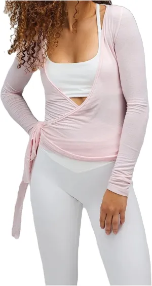 Women V Neck Tie Wrap Top Y2K Long Sleeve Cross Wrap Yoga Crop Top Slim Fit Tie Front Ballet Workout Shirt