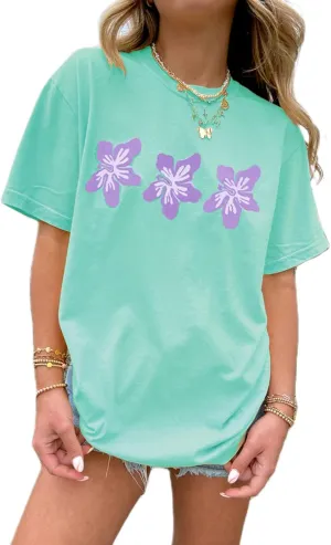 Women Y2k Floral Graphic Print Oversized Tshirts Cute Flower Aesthetic Baggy Tees Top Summer Teen Girl Coastal Clothes