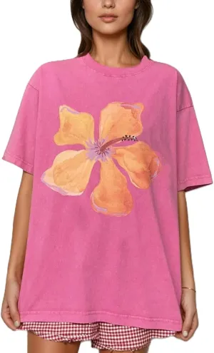 Women Y2k Floral Graphic Print Oversized Tshirts Cute Flower Aesthetic Baggy Tees Top Summer Teen Girl Coastal Clothes