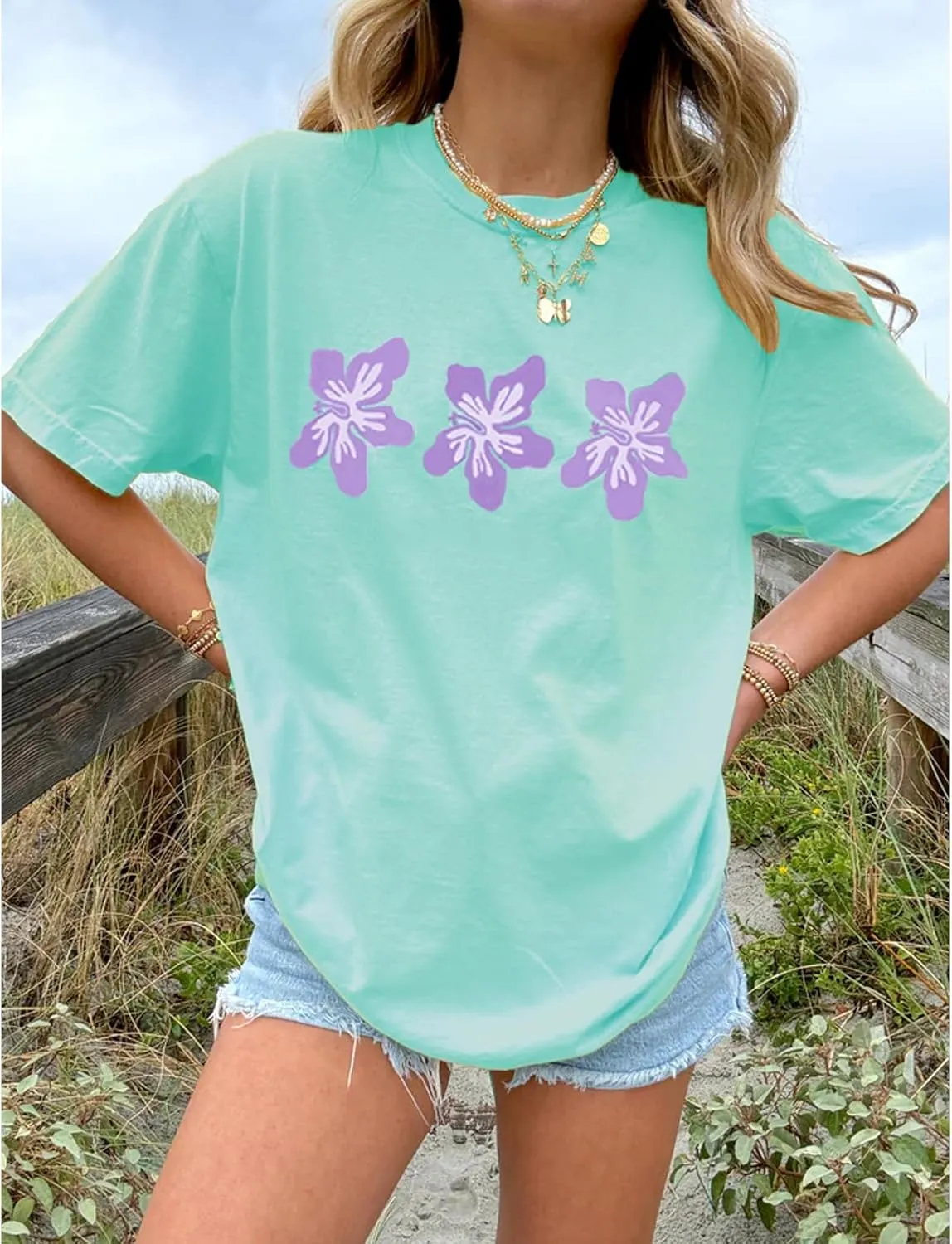 Women Y2k Floral Graphic Print Oversized Tshirts Cute Flower Aesthetic Baggy Tees Top Summer Teen Girl Coastal Clothes