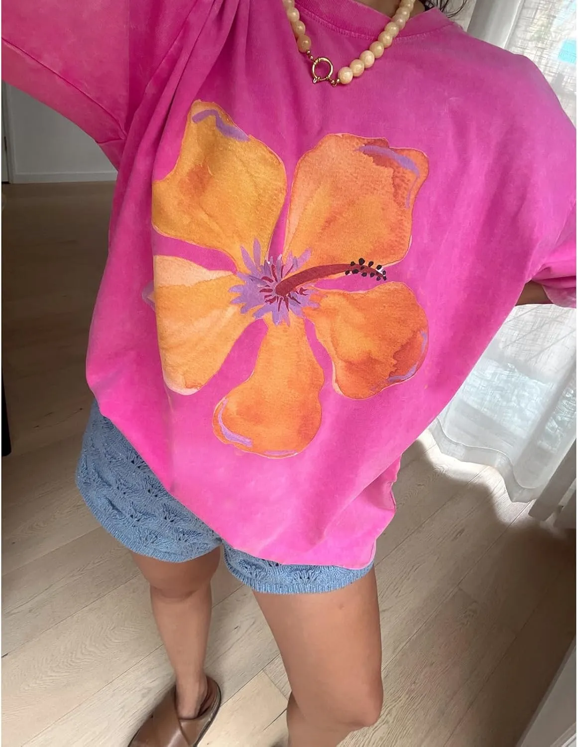 Women Y2k Floral Graphic Print Oversized Tshirts Cute Flower Aesthetic Baggy Tees Top Summer Teen Girl Coastal Clothes