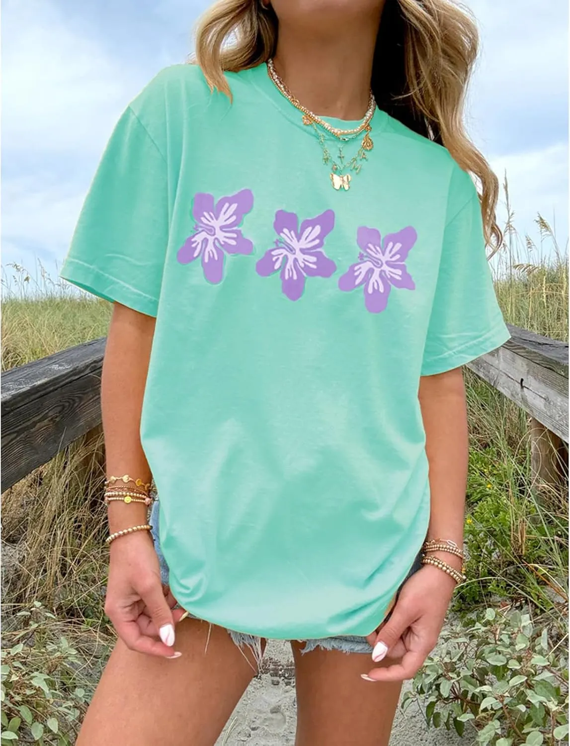 Women Y2k Floral Graphic Print Oversized Tshirts Cute Flower Aesthetic Baggy Tees Top Summer Teen Girl Coastal Clothes