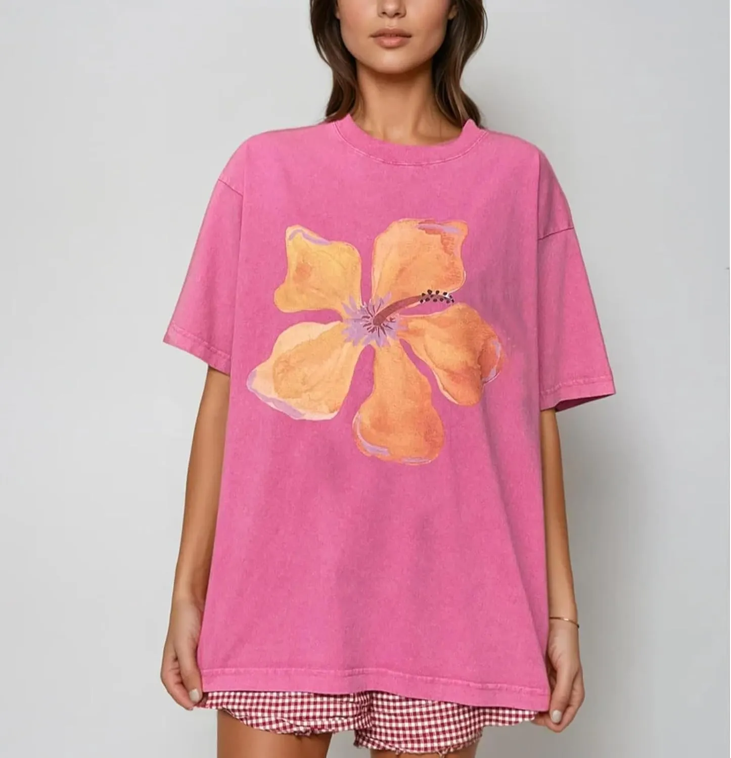 Women Y2k Floral Graphic Print Oversized Tshirts Cute Flower Aesthetic Baggy Tees Top Summer Teen Girl Coastal Clothes