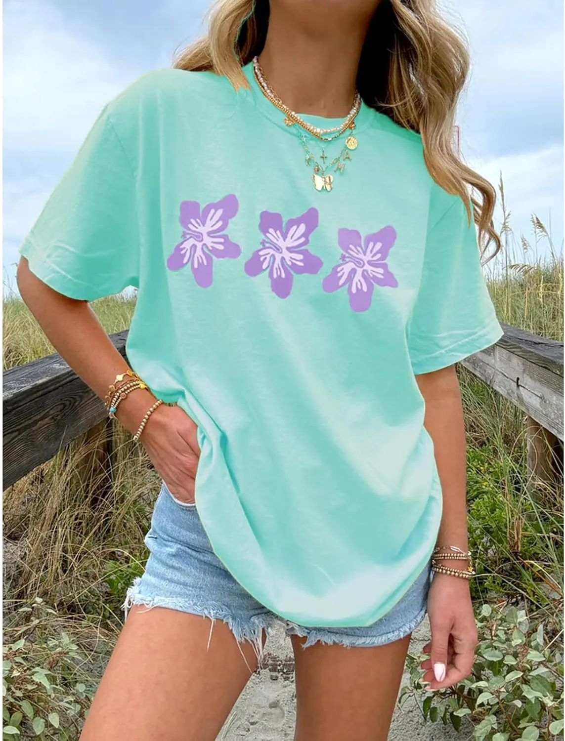 Women Y2k Floral Graphic Print Oversized Tshirts Cute Flower Aesthetic Baggy Tees Top Summer Teen Girl Coastal Clothes