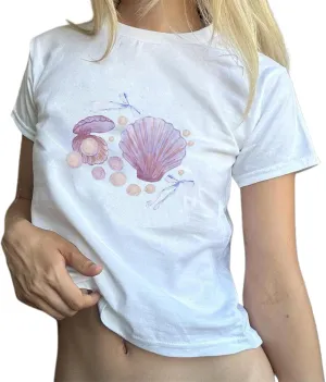 Women Y2k Graphic Print Crop Top Short Sleeve Round Neck Slim Fit Baby Tee Aesthetic Summer T Shirt