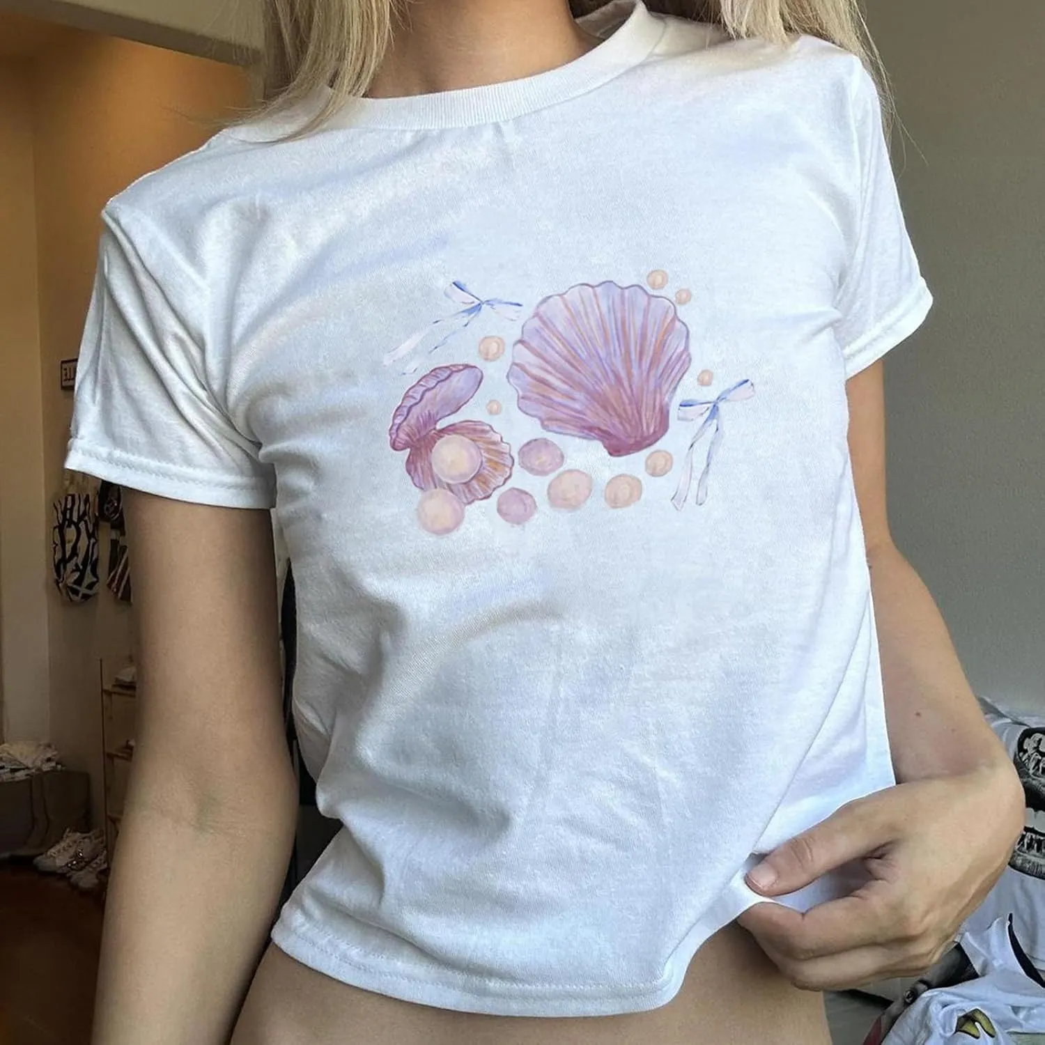 Women Y2k Graphic Print Crop Top Short Sleeve Round Neck Slim Fit Baby Tee Aesthetic Summer T Shirt