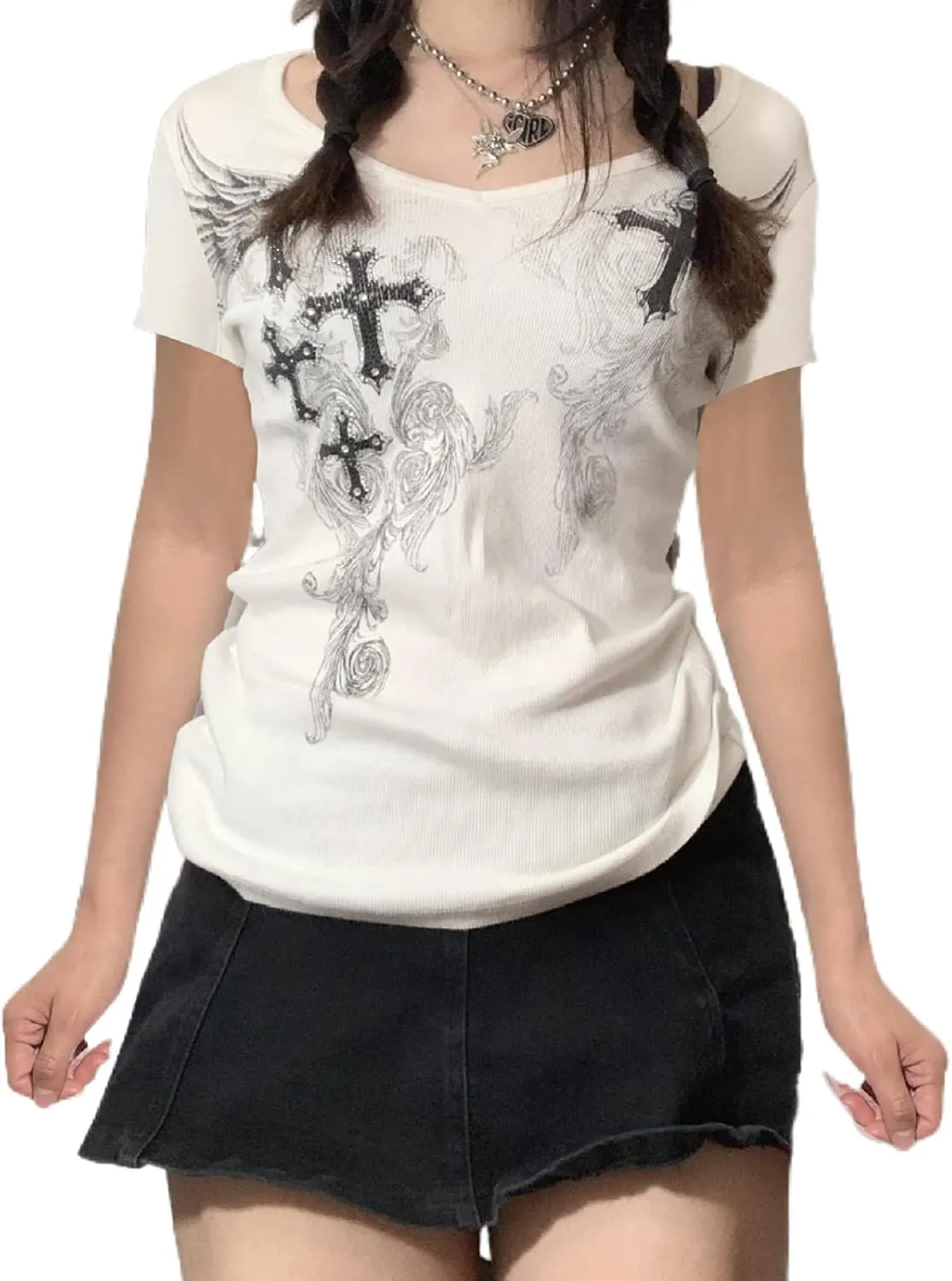 Women Y2K Long Sleeve Top Tee Sexy Patchwork Square Collar Black Basic Slim Fit Blouse Tops Streewear