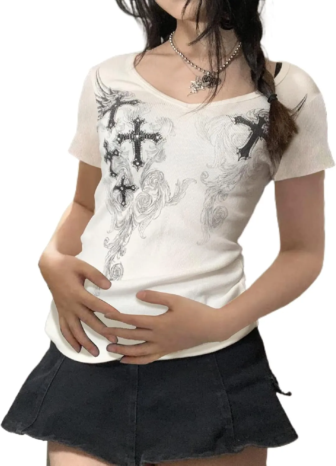 Women Y2K Long Sleeve Top Tee Sexy Patchwork Square Collar Black Basic Slim Fit Blouse Tops Streewear