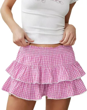 Women Y2K Plaid Tiered Mini Skirt Low Waist Lace Trim Gingham Pleated Short Skirt Cosplay Party Streetwear