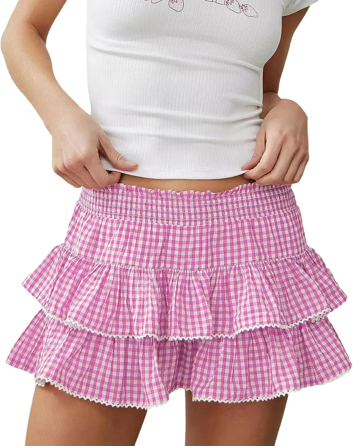 Women Y2K Plaid Tiered Mini Skirt Low Waist Lace Trim Gingham Pleated Short Skirt Cosplay Party Streetwear