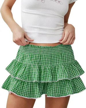 Women Y2K Plaid Tiered Mini Skirt Low Waist Lace Trim Gingham Pleated Short Skirt Cosplay Party Streetwear