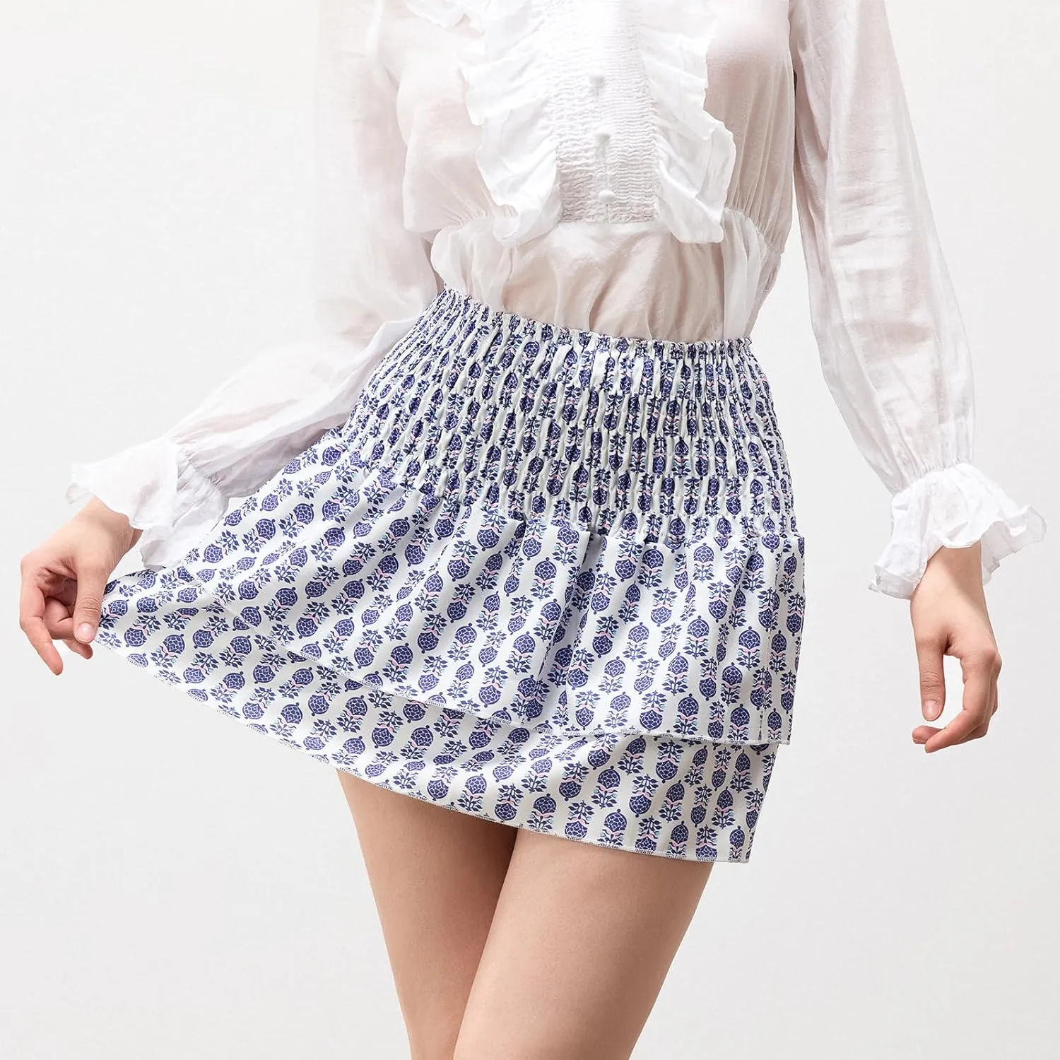 Women Y2k Ruffle Fairy Mini Skirt Floral Striped Elastic High Waist Short Skirt Boho Layered Pleated Skirt