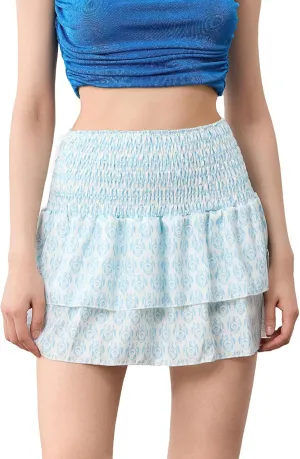 Women Y2k Ruffle Fairy Mini Skirt Floral Striped Elastic High Waist Short Skirt Boho Layered Pleated Skirt