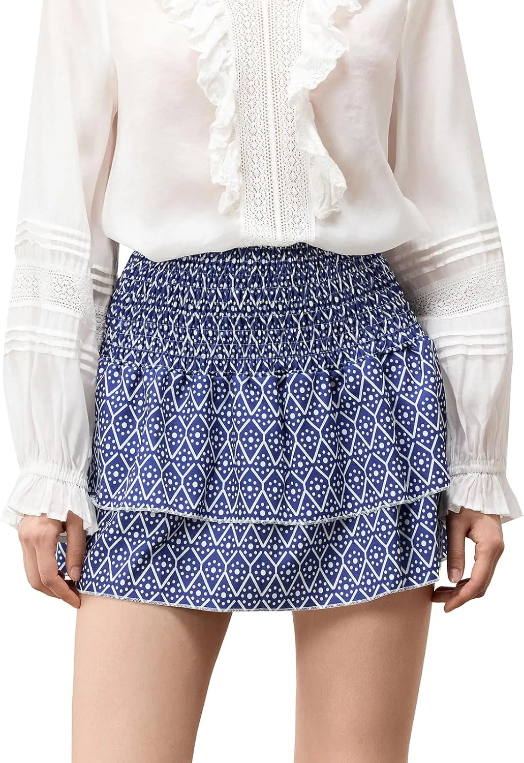 Women Y2k Ruffle Fairy Mini Skirt Floral Striped Elastic High Waist Short Skirt Boho Layered Pleated Skirt