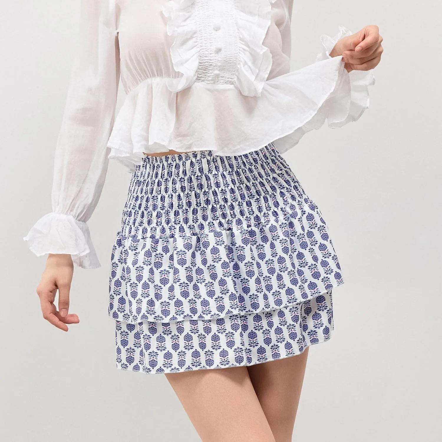Women Y2k Ruffle Fairy Mini Skirt Floral Striped Elastic High Waist Short Skirt Boho Layered Pleated Skirt