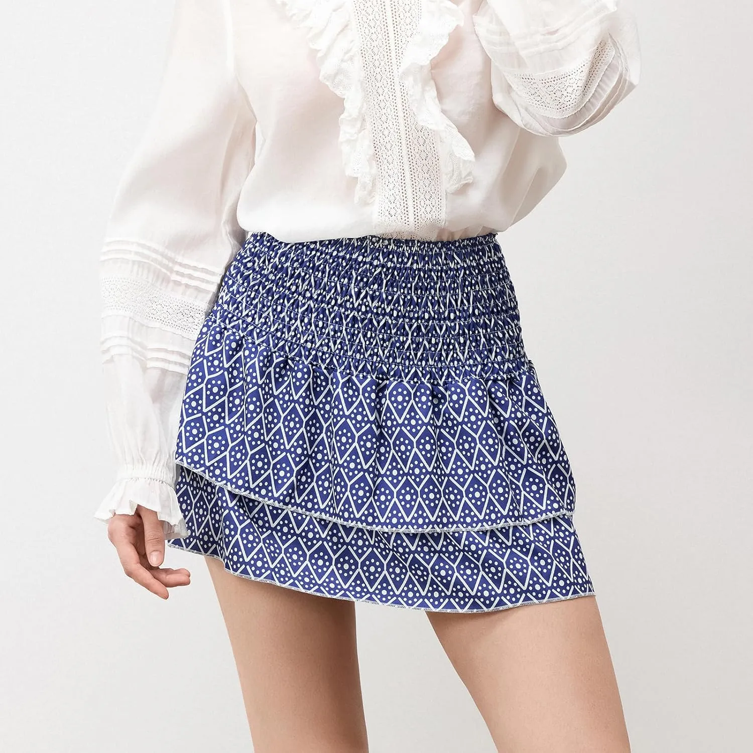 Women Y2k Ruffle Fairy Mini Skirt Floral Striped Elastic High Waist Short Skirt Boho Layered Pleated Skirt