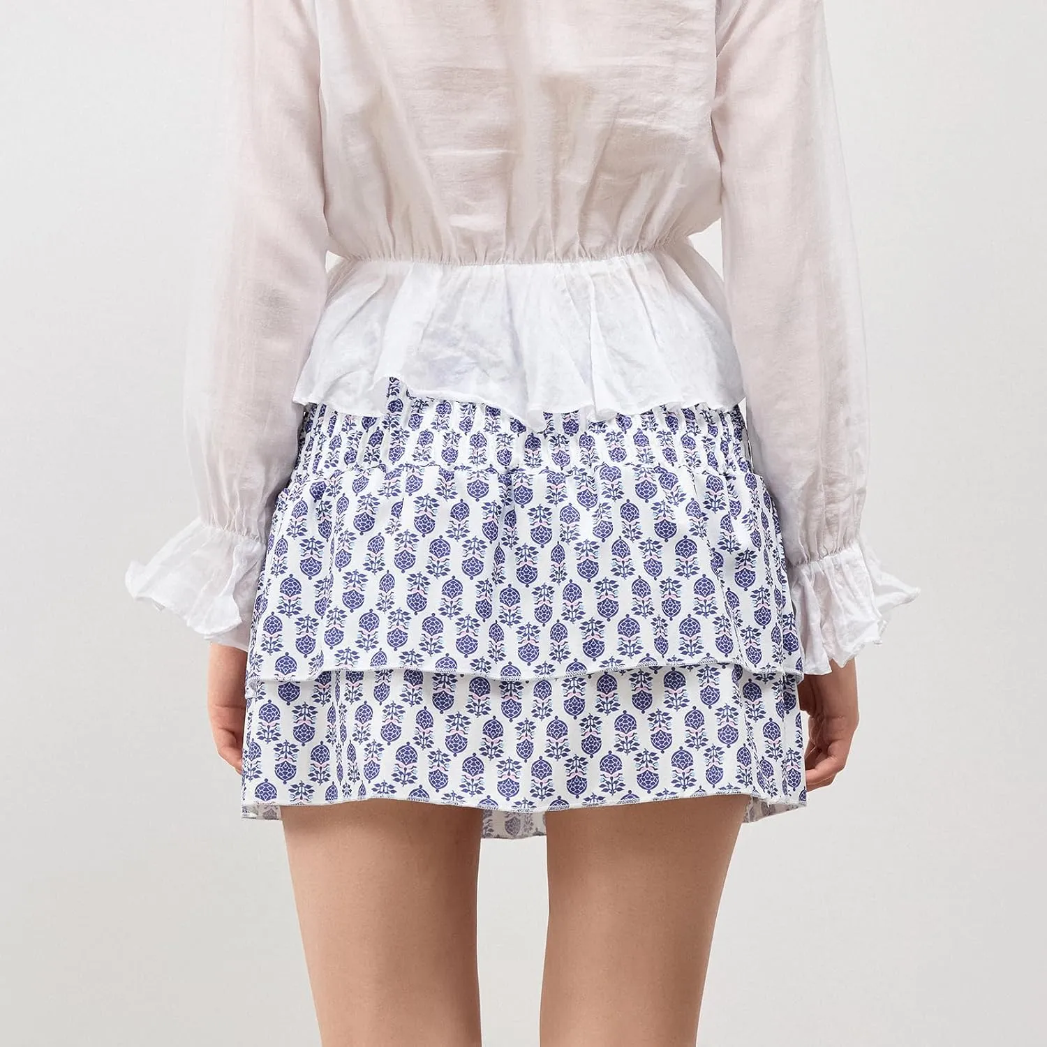 Women Y2k Ruffle Fairy Mini Skirt Floral Striped Elastic High Waist Short Skirt Boho Layered Pleated Skirt