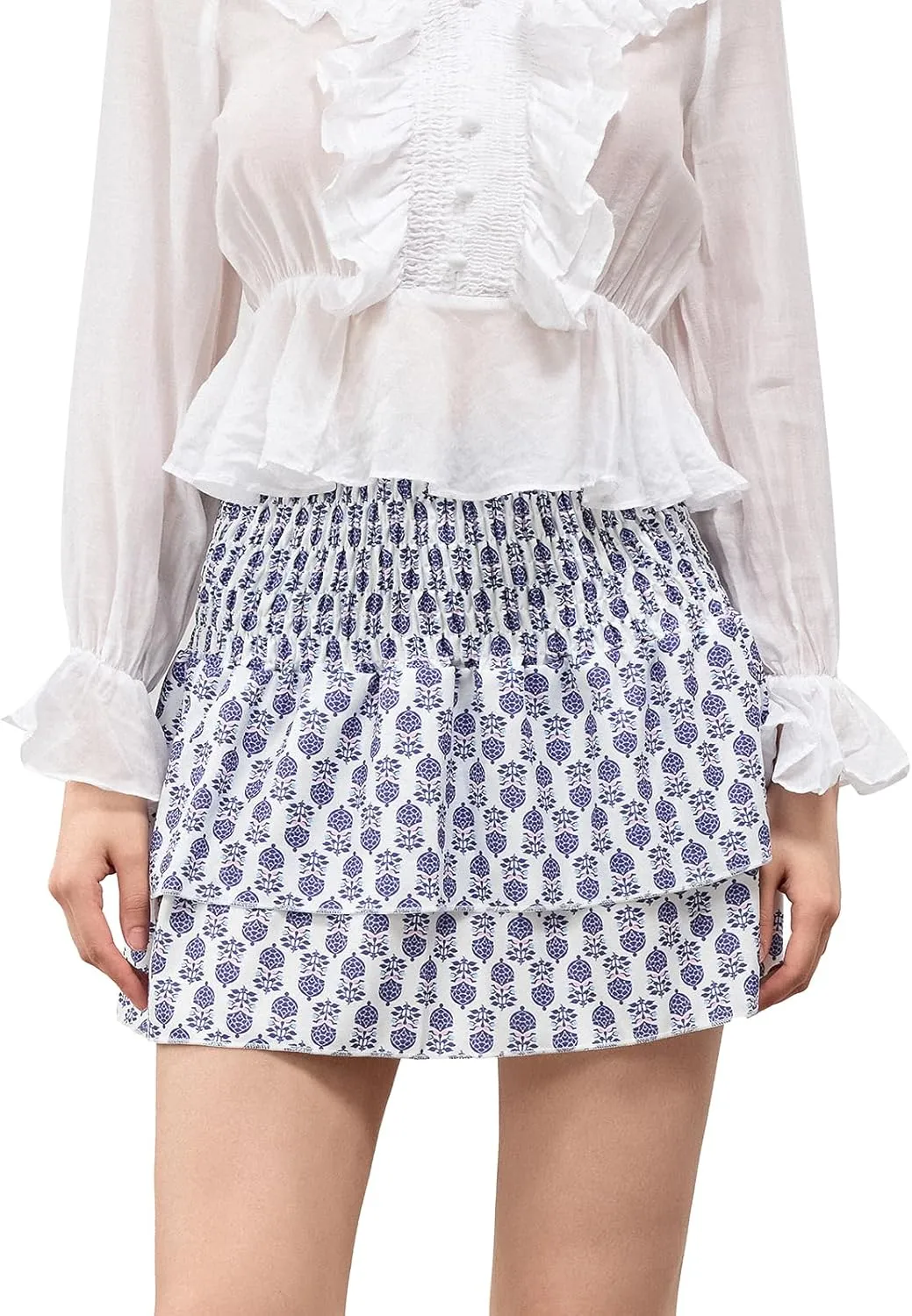 Women Y2k Ruffle Fairy Mini Skirt Floral Striped Elastic High Waist Short Skirt Boho Layered Pleated Skirt