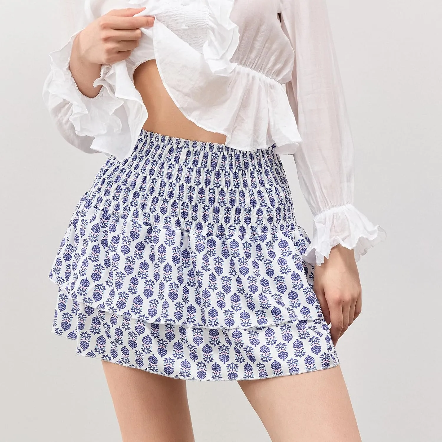 Women Y2k Ruffle Fairy Mini Skirt Floral Striped Elastic High Waist Short Skirt Boho Layered Pleated Skirt
