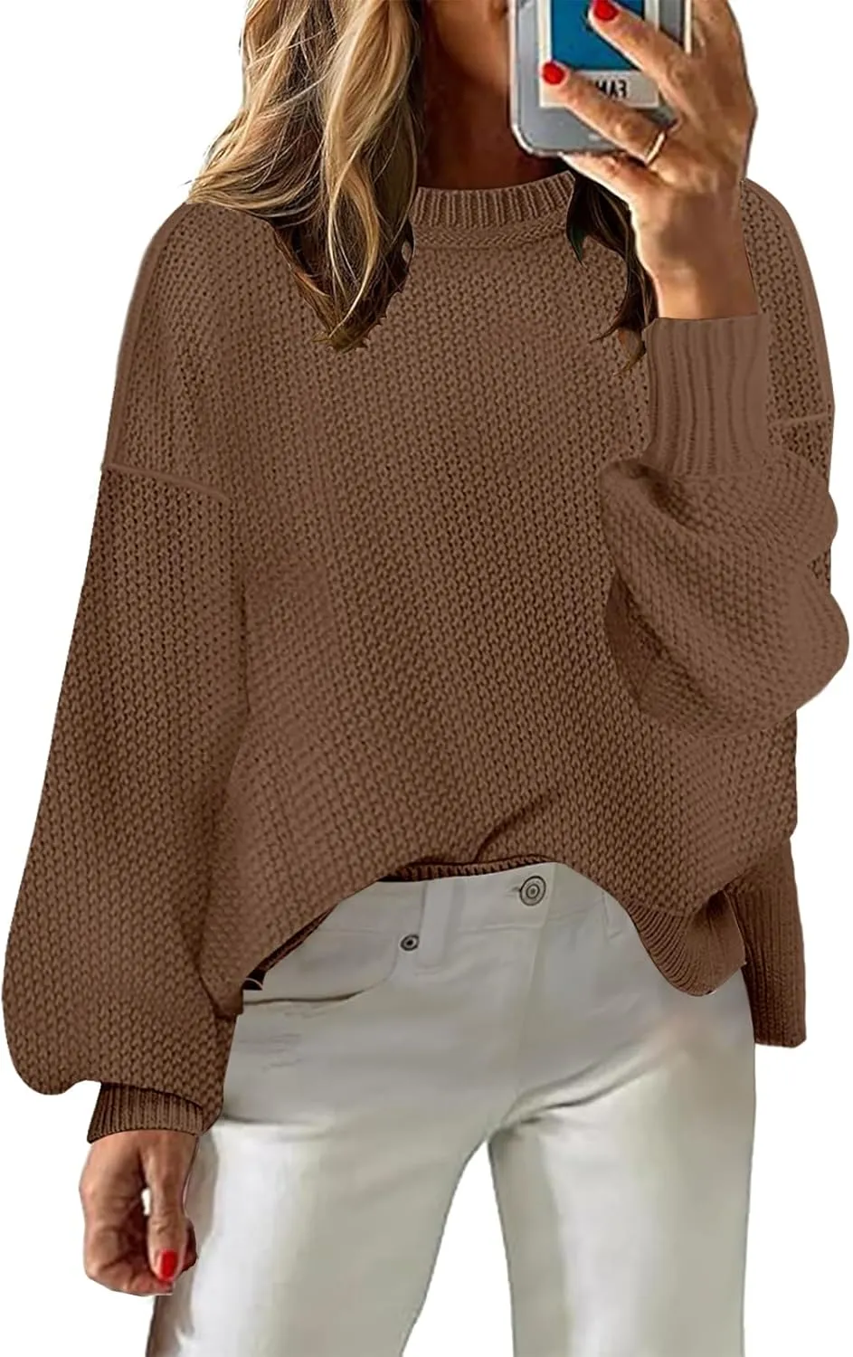 Women's 2024 Crewneck Long Sleeve Loose Oversized Chunky Knitted Pullover Sweater Jumper Tops