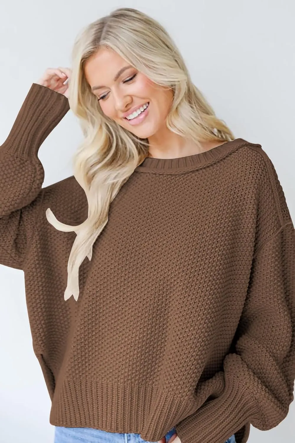 Women's 2024 Crewneck Long Sleeve Loose Oversized Chunky Knitted Pullover Sweater Jumper Tops