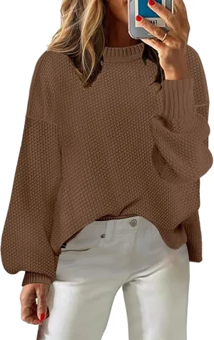 Women's 2024 Crewneck Long Sleeve Loose Oversized Chunky Knitted Pullover Sweater Jumper Tops