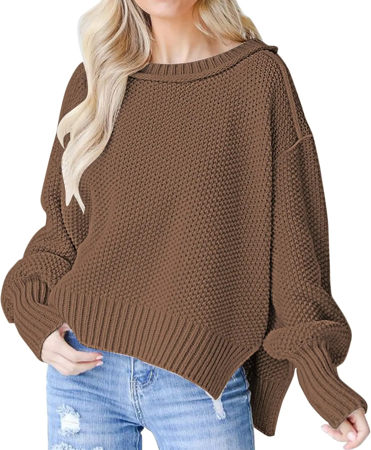 Women's 2024 Crewneck Long Sleeve Loose Oversized Chunky Knitted Pullover Sweater Jumper Tops