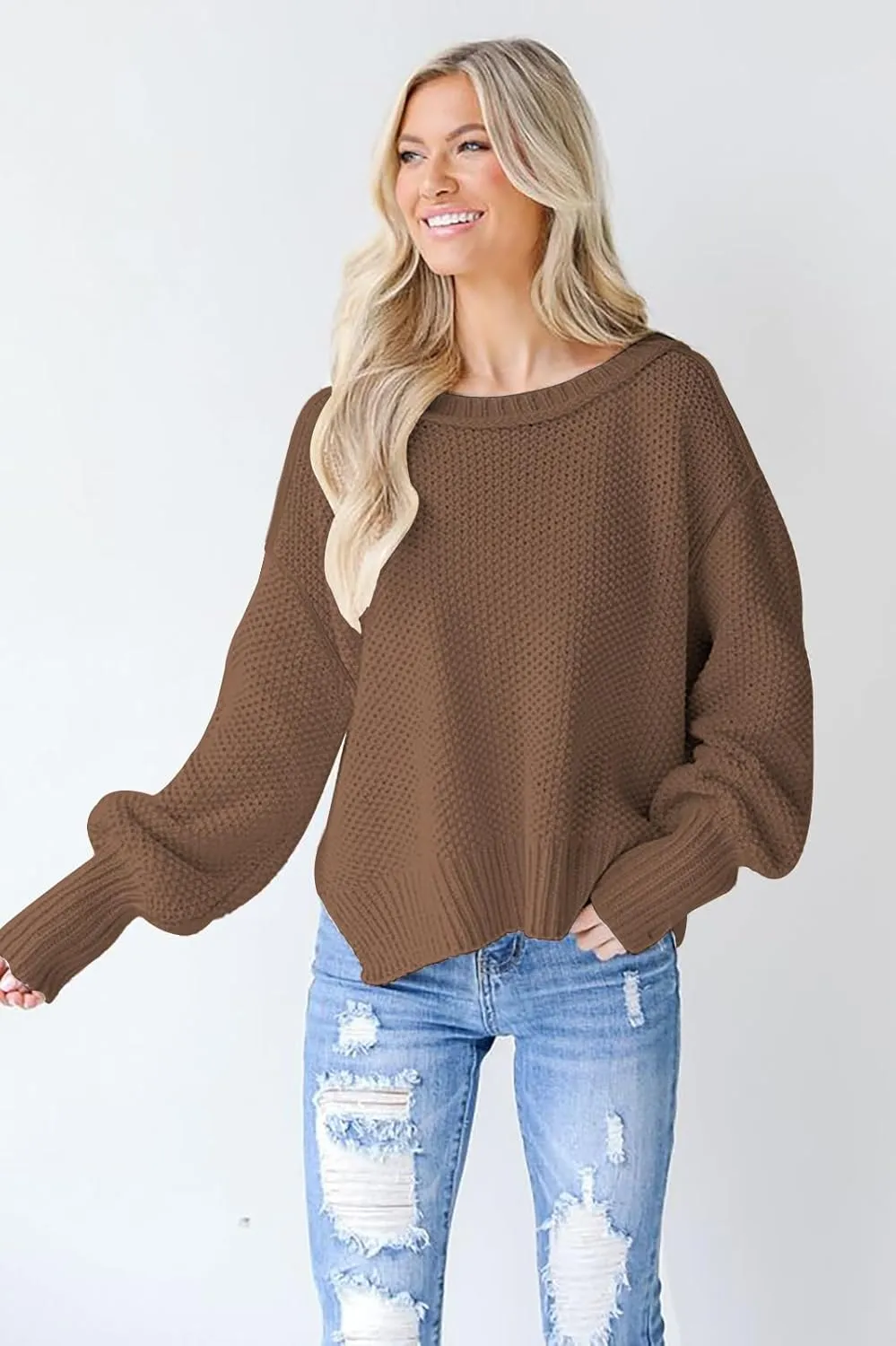 Women's 2024 Crewneck Long Sleeve Loose Oversized Chunky Knitted Pullover Sweater Jumper Tops