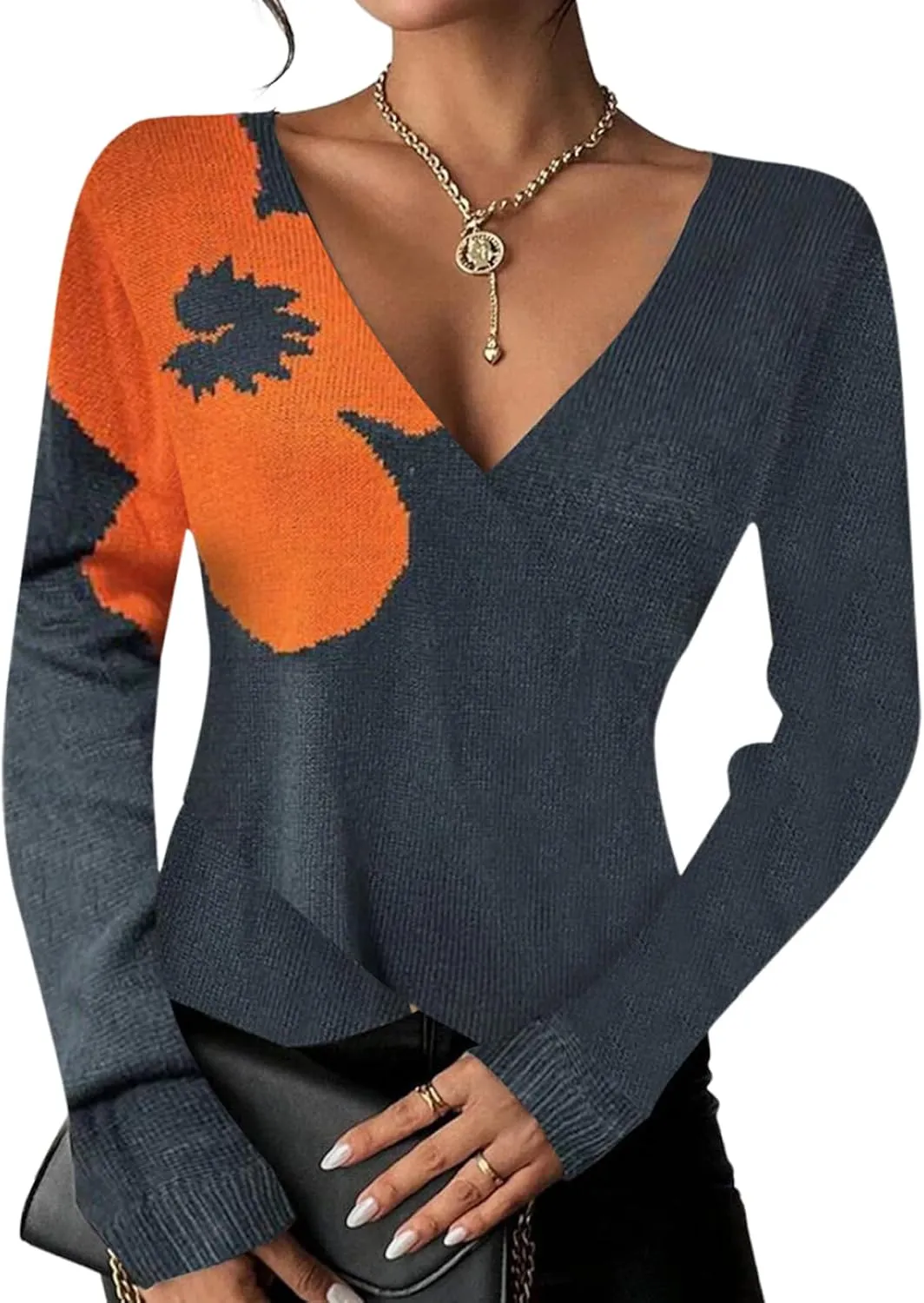 Women's 2024 Fall Fashion Slim Fit Floral Pattern Sexy V-Neck Long Sleeve Cute Slim Fit Pullover Knit Sweaters Trendy Outfits