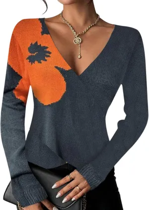 Women's 2024 Fall Fashion Slim Fit Floral Pattern Sexy V-Neck Long Sleeve Cute Slim Fit Pullover Knit Sweaters Trendy Outfits