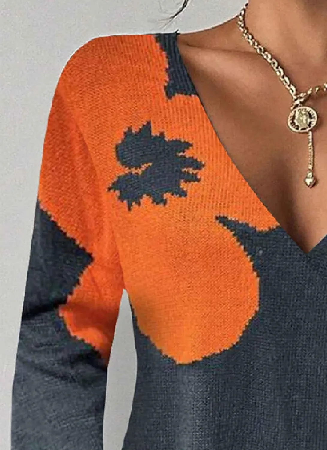 Women's 2024 Fall Fashion Slim Fit Floral Pattern Sexy V-Neck Long Sleeve Cute Slim Fit Pullover Knit Sweaters Trendy Outfits