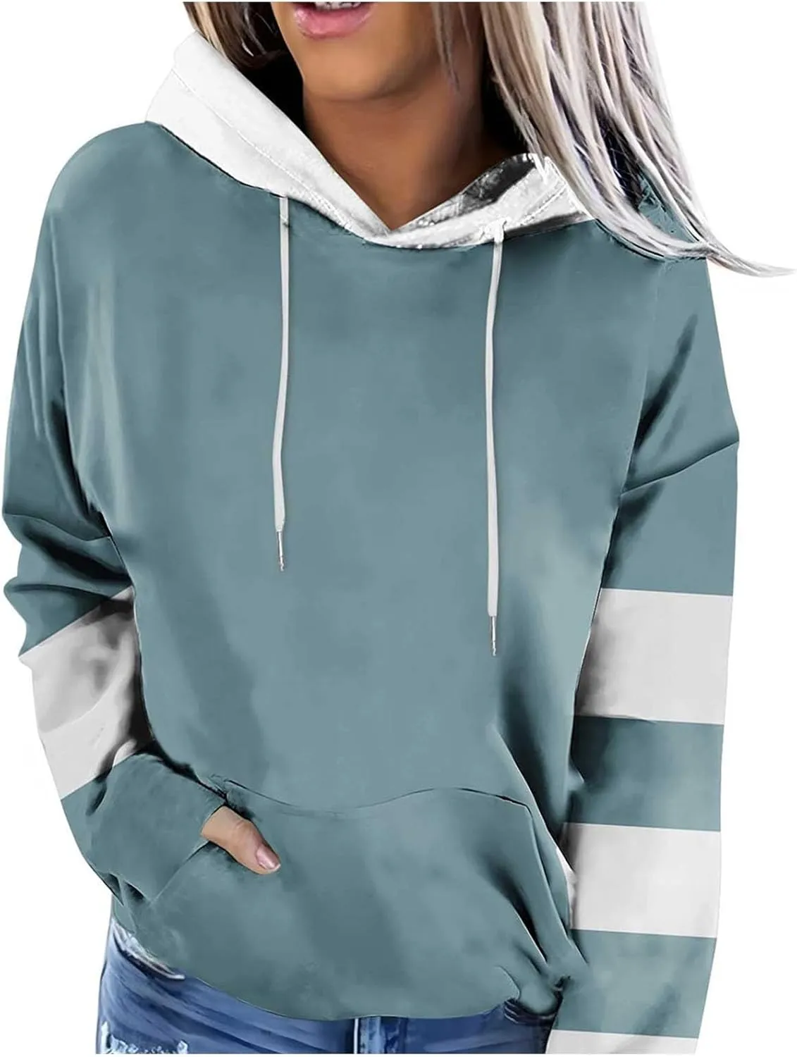 Womens 2024 Hooded Color Block Drawstring Hoodies Pullover Sweatshirts Casual Long Sleeve Tops Shirts Fall Winter