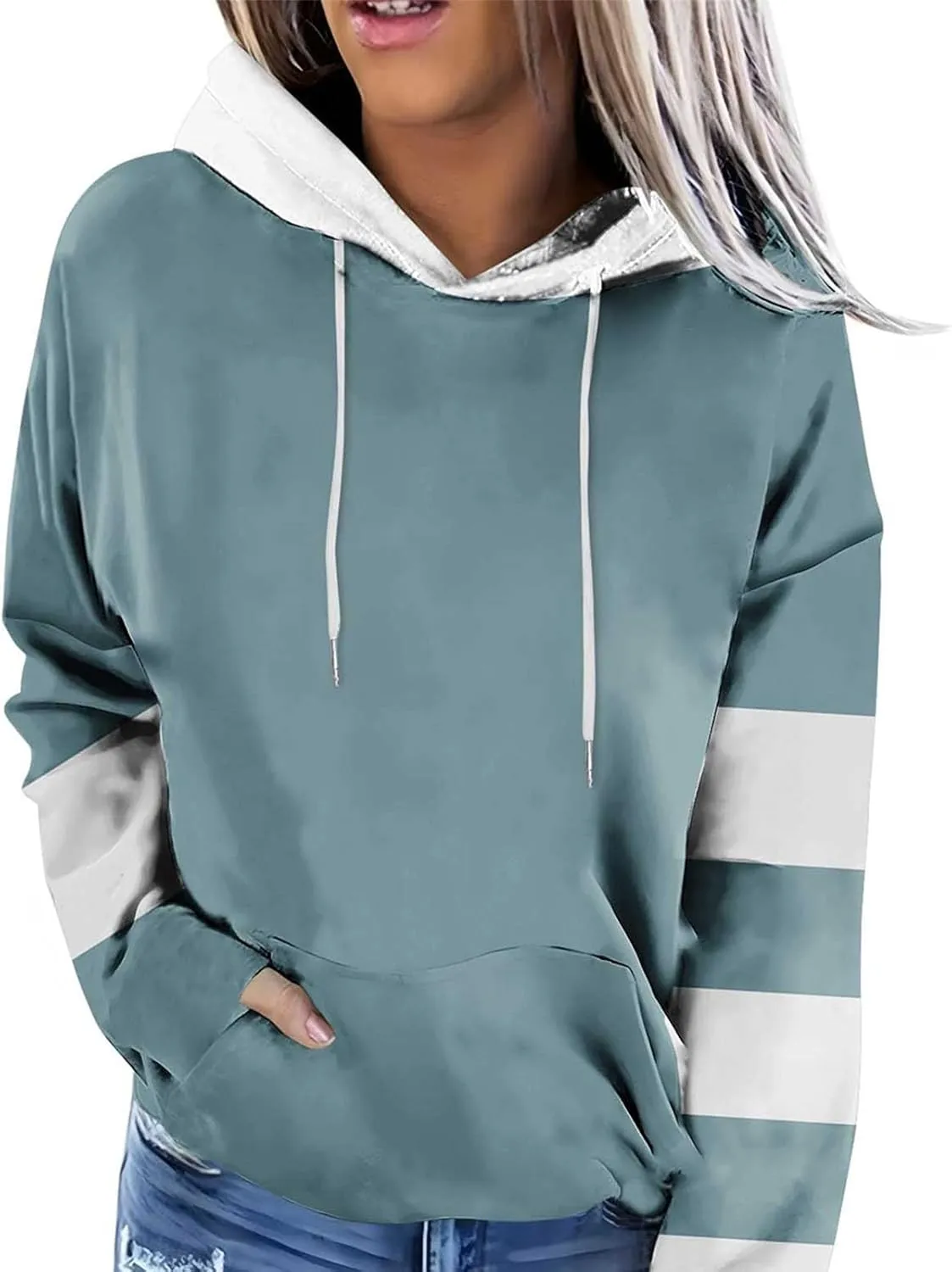 Womens 2024 Hooded Color Block Drawstring Hoodies Pullover Sweatshirts Casual Long Sleeve Tops Shirts Fall Winter