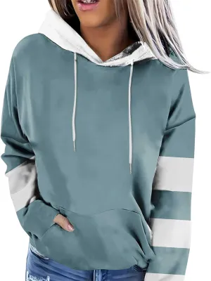 Womens 2024 Hooded Color Block Drawstring Hoodies Pullover Sweatshirts Casual Long Sleeve Tops Shirts Fall Winter