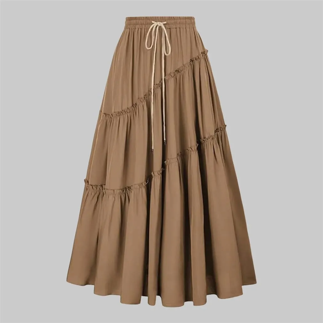 Women's Bohemian Style Skirts High Waist Pleated A Line Long Skirt with Drawstring Large Swing Folded Half Skirt