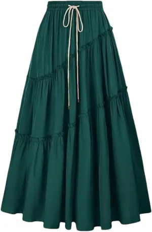 Women's Bohemian Style Skirts High Waist Pleated A Line Long Skirt with Drawstring Large Swing Folded Half Skirt